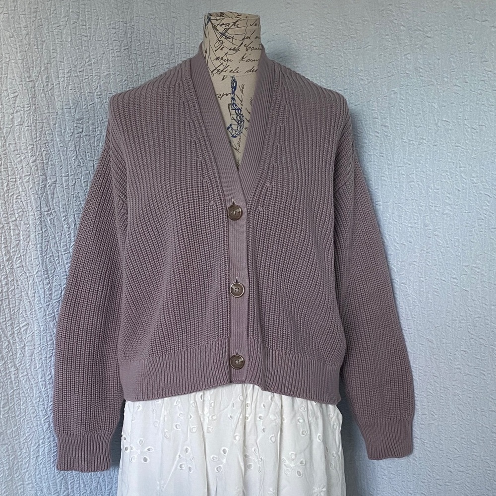 Quince Dusty Purple Boxy Fisherman Crop Cotton Cardigan Sweater